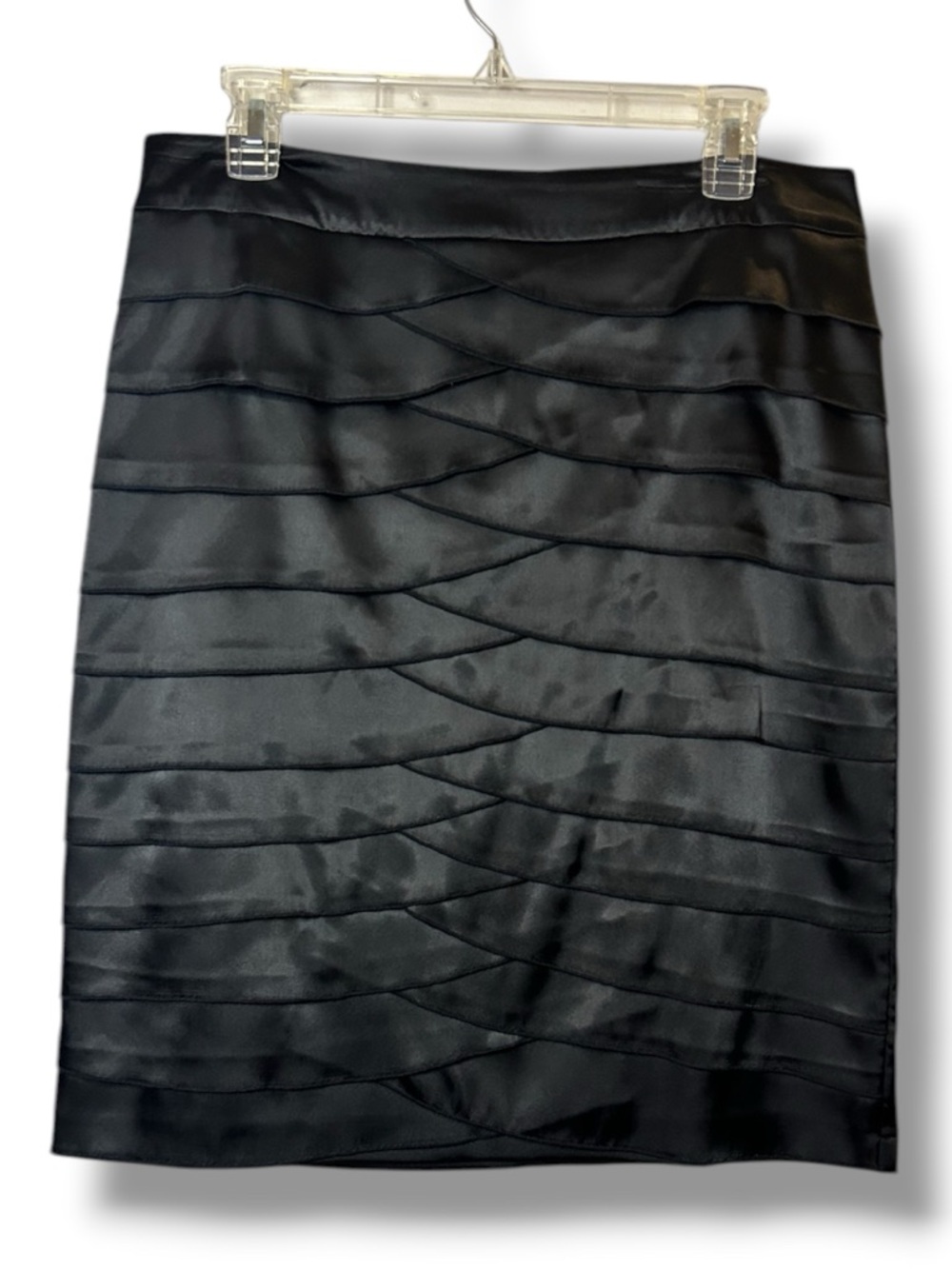 Y2K Black Satin Tiered Pencil Mini Skirt Scalloped Chic Detail Evening Party 8